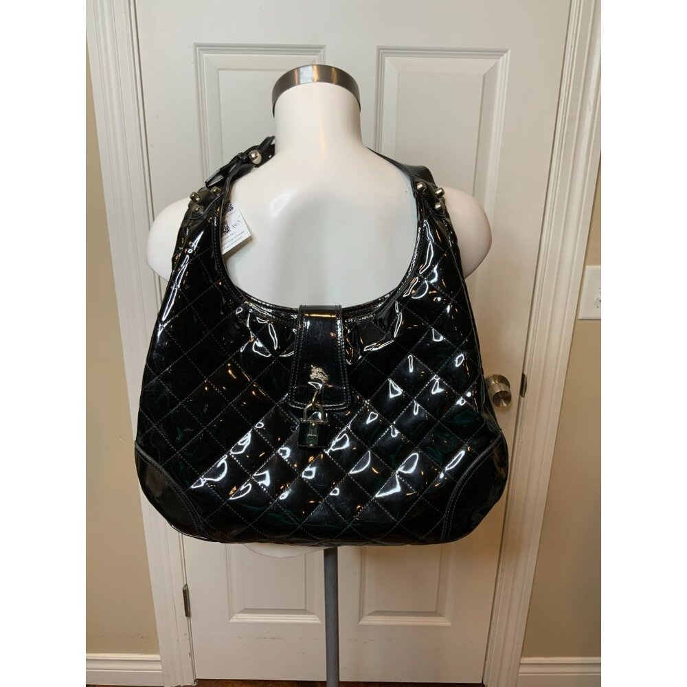 Burberry Brooke Padlock Black Quilted Patent Leather Hobo Handbag Purse - Picture 1 of 9